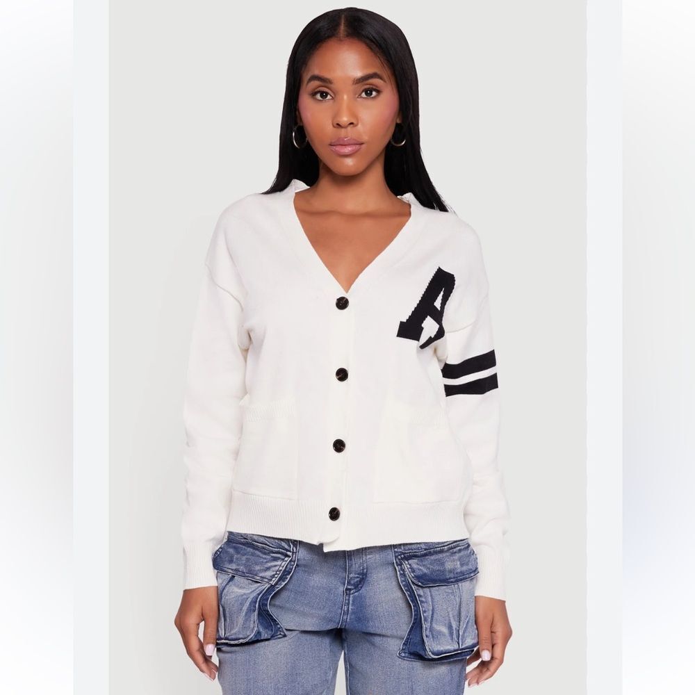 LOVE 3X Ivory Navy A Initial Varsity Stripe Button Front Pocket Cardigan